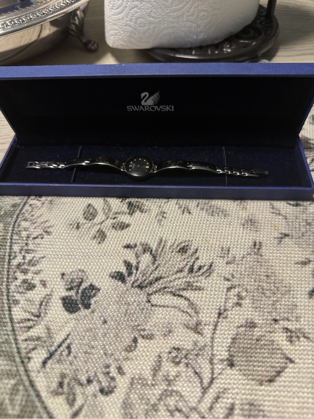 Swarovski Silver-Tone Bracelet Watch with Black Dial